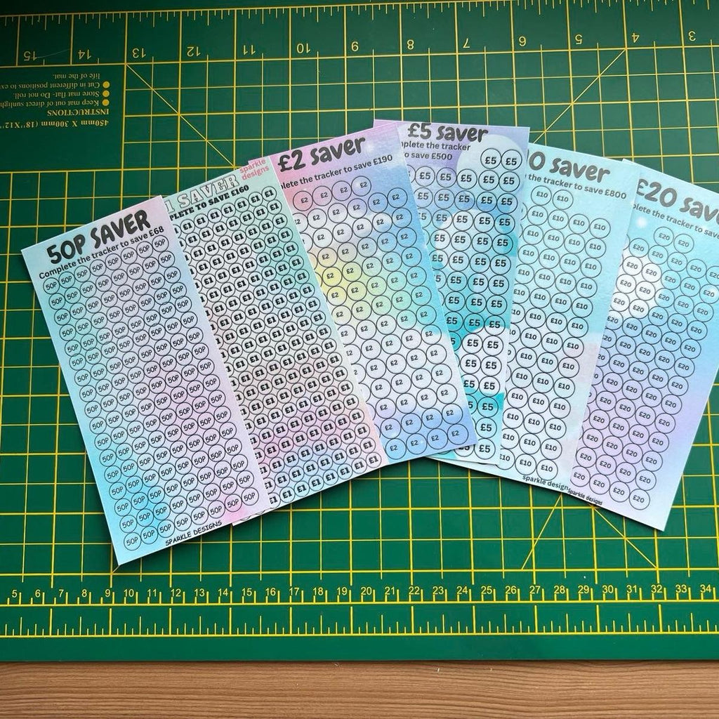 50p, £1, £2,£5, £10, £20 saving trackers