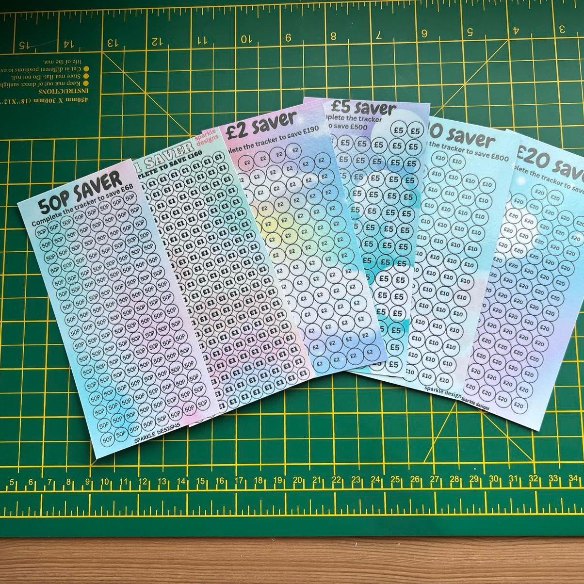 50p, £1, £2,£5, £10, £20 saving trackers