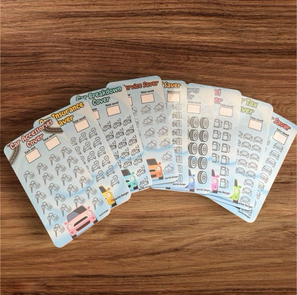 Driving theme saving challenge binder & matching themed trackers, inserts & wallets