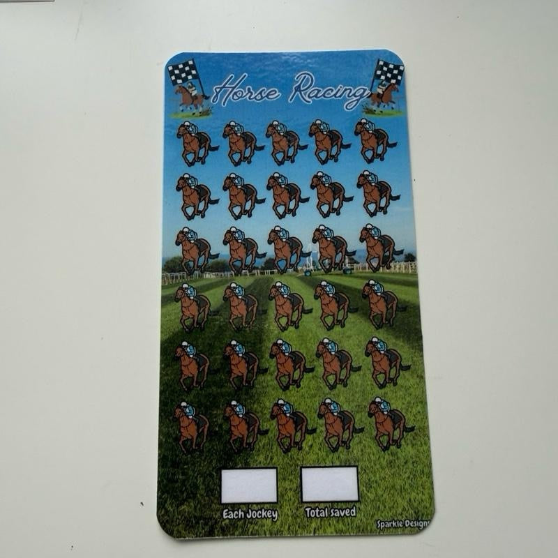 Horse racing themed saving challenge trackers
