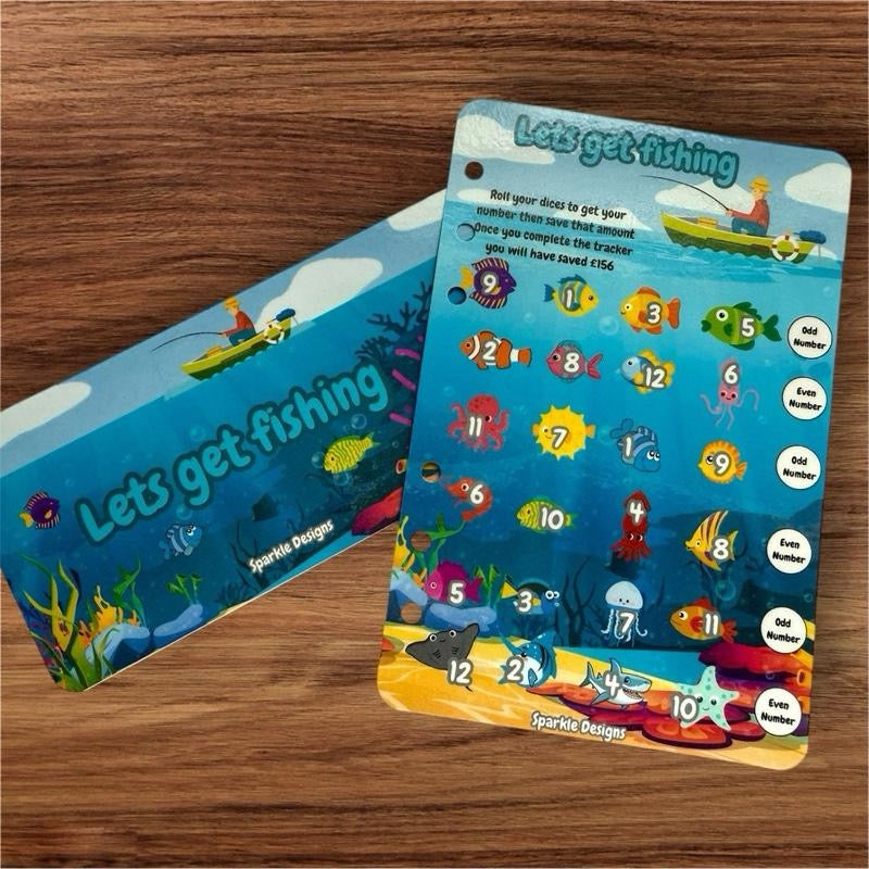 Let's Go Fishing Saving Challenge Game for Budgeting Binder Piggy Saver with 12-Sided Dice & Matching Insert for Kids & adults