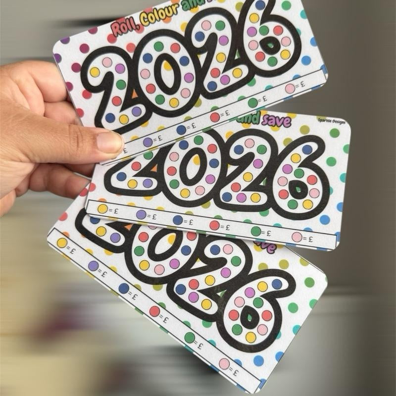 colour, roll and save for 2026 saving challenge tracker.