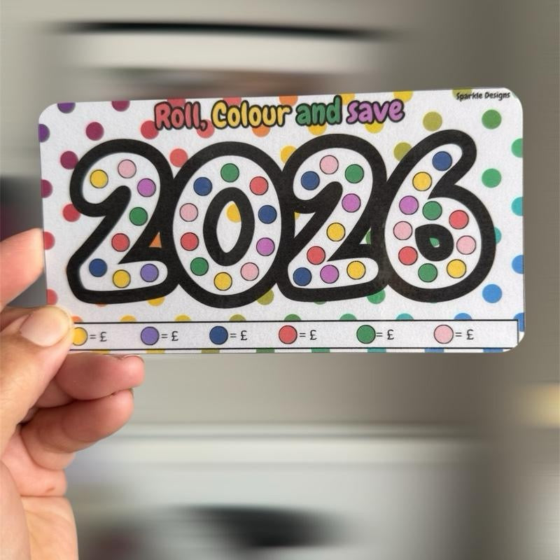 colour, roll and save for 2026 saving challenge tracker.